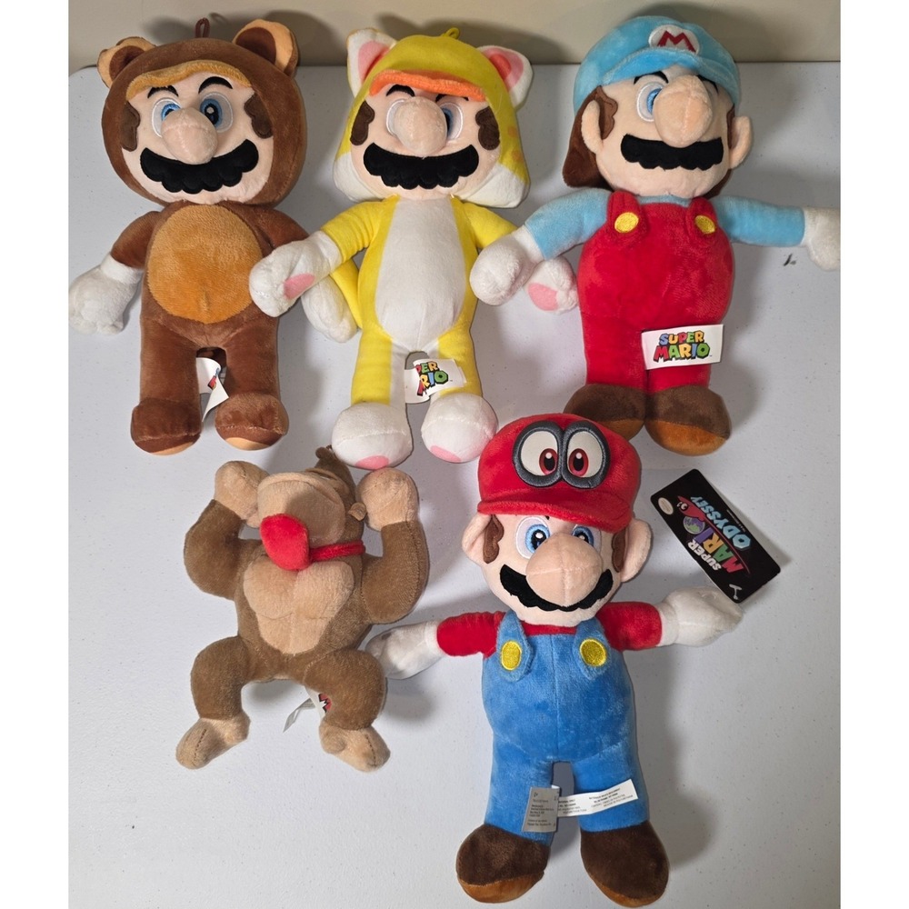 Nintendo Super Mario Plush Lot of 5 Tanooki Cat Ice Mario Odyssey Donkey Kong